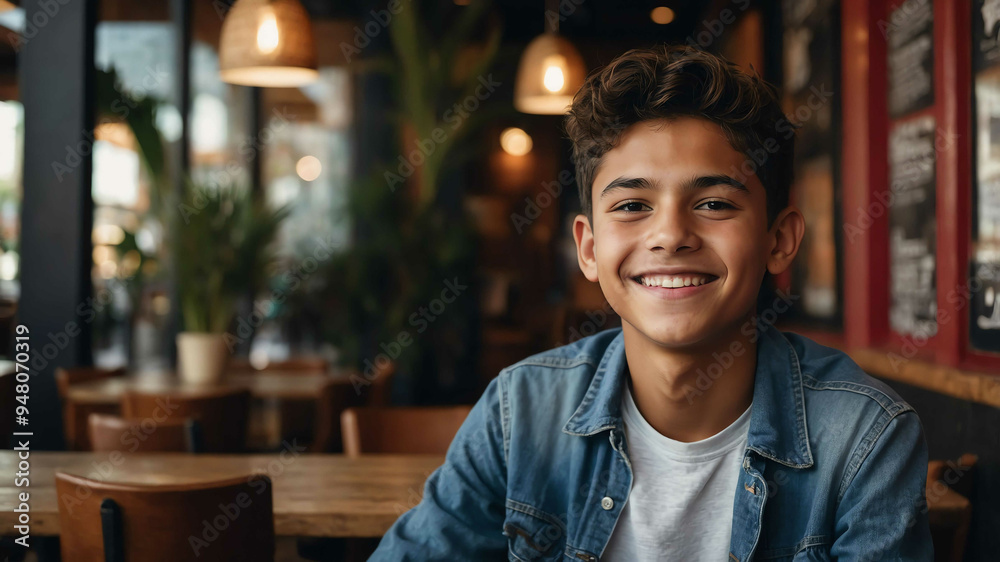 Poster charming teen hispanic boy cafe restaurant background portrait shot