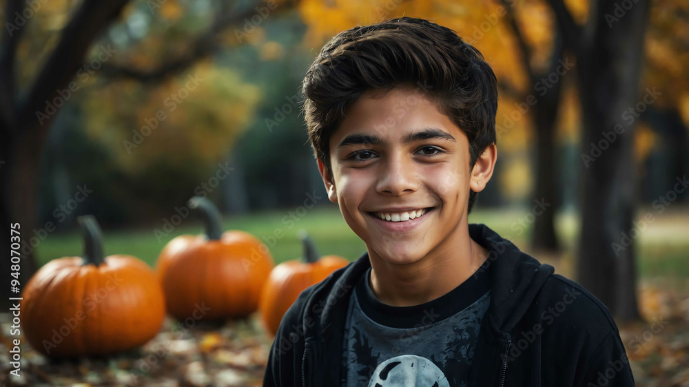 Poster charming teen hispanic boy halloween theme background portrait shot