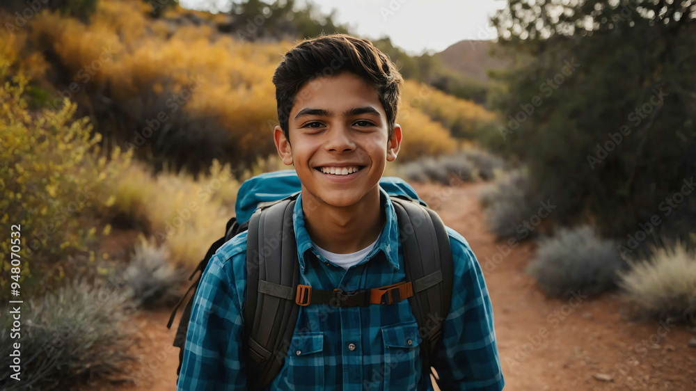 Wall mural charming teen hispanic boy hiking trail background portrait shot