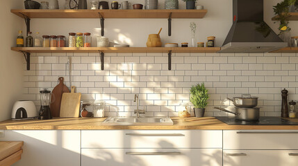 Scandinavian-style kitchen with white subway tiles, wooden countertops, and open shelving.