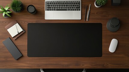 Top View of a Wooden Desk with Office Supplies