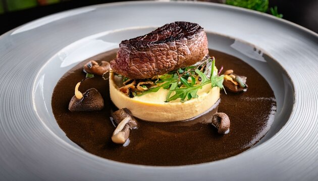 Wagyu beef fillet on a porcini mushroom cream, accompanied by caramelized salsify and truffle jus