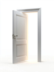 A white door with a silver handle is open, revealing a bright light