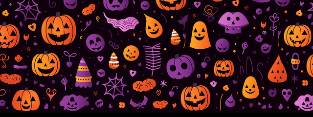 Fototapeta premium Halloween Jack-O-Lanterns And Ghosts In Orange And Purple On Black Background