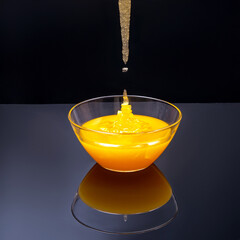 Fresh floral honey flows into a transparent plate in a mirror image. Organic Vitamin Health Food