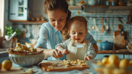 Mother and child baking together in cozy kitchen with fresh ingredients