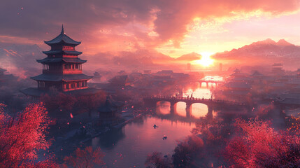 Obraz premium The Gate of Heaven in ancient Chinese mythology stands as a monumental testament, chinese architecture wallpaper