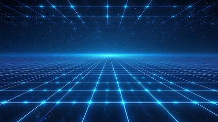 Futuristic blue neon grid background with glowing perspective lines, representing a digital or virtual environment.