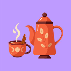 Cute cozy Vector Red Teapot and Cup Set