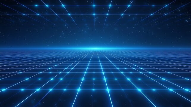 Futuristic blue neon grid background with glowing perspective lines, representing a digital or virtual environment.
