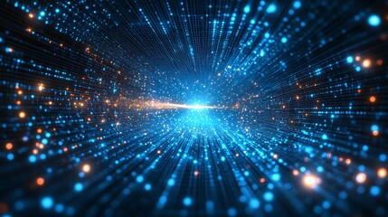 Futuristic digital abstract background with glowing particles and light rays, perfect for technology, data, or sci-fi themes.