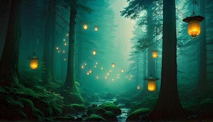 Obraz premium The Enchanted Forest of Glowing Lanterns Leading Through the Mystical Green Mist