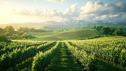 Fototapeta premium Lush Vineyard Landscapes with Rolling Hills and Neatly Aligned Rows of Grapevines in the Countryside
