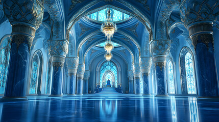Fototapeta premium Expansive blue hall with vaulted ceilings, ornate marble columns, and ethereal stained glass windows