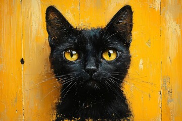 A striking black cat on a vibrant yellow background, perfect for Halloween-themed designs, decorations, and marketing materials with copy space.
