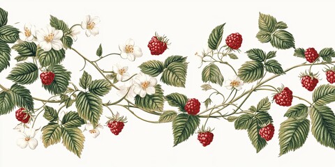 Twisted and Woven Raspberry Vines with Blossoms A vintage scientific