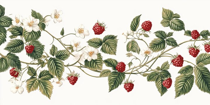 Twisted and Woven Raspberry Vines with Blossoms A vintage scientific