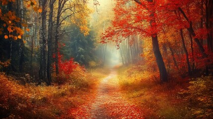 Fototapeta premium A footpath through a forest where summer green leaves are giving way to the reds and yellows of autumn, symbolizing transition