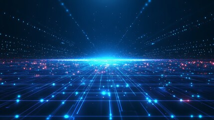 Fototapeta premium Futuristic digital landscape featuring a glowing blue grid with light particles and depth perspective, representing technology and innovation.