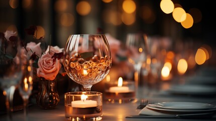 Elegant and select wedding decoration restaurant table Wine Glass and appetizers, on the bar table Soft light and romantic atmosphere dinner service menue guests candle