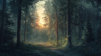 Obraz premium A forest at dusk, with the last light of day filtering through the trees and creating a peaceful, twilight scene