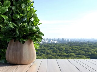 A lush indoor plant in a wooden pot enhances the serene view of a city skyline, blending nature and urban elegance.