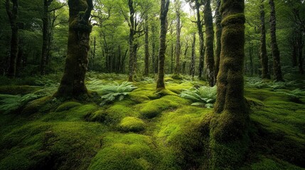 Obraz premium A forest floor covered in moss and ferns, with towering trees overhead, creating a lush and vibrant scene