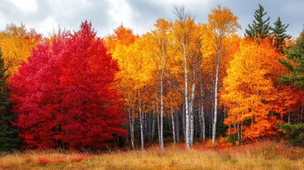 Fototapeta premium A forest in autumn with vibrant red, orange, and yellow leaves, creating a warm and colorful landscape
