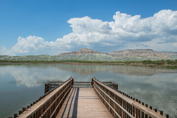 Lake view from the wooden pier. Tent camp in Nallıhan bird sanctuary. Walking by the lake. Nallıhan bird sanctuary, located on the migration route of birds. Nallıhan lake. Magnificent views from Nallı