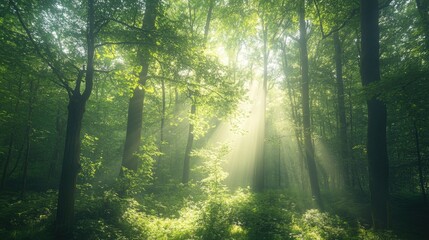 Obraz premium A forest in the height of summer, with dense green foliage and sunlight streaming through the canopy