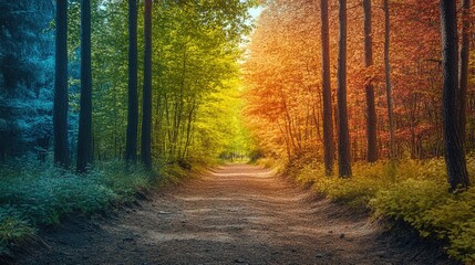 Obraz premium A forest path with summer greenery on one side and autumn foliage on the other, symbolizing the change of seasons