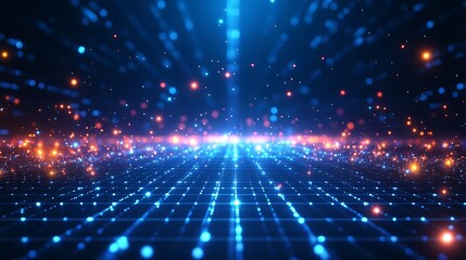 Obraz premium Futuristic digital landscape with glowing blue and orange lights, creating a sci-fi cyber network effect