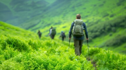 Fototapeta premium Group hiking through lush green hills in misty weather