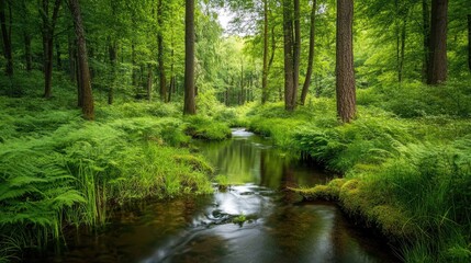 Obraz premium A forest stream winding through a lush green landscape, with trees and plants creating a peaceful and natural scene