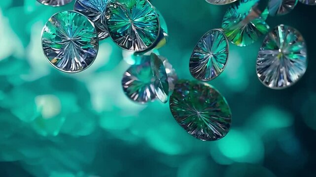 Metallic plates and splinters in the green color scheme of a peacock fall and deform.