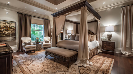 Fototapeta premium Luxurious master bedroom with a canopy bed, plush rug, and elegant decoration 