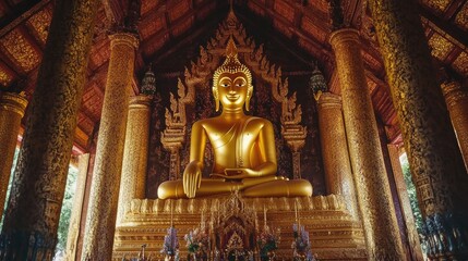 Obraz premium A golden Buddha statue in a beautifully decorated temple, with ornate carvings and a rich, spiritual atmosphere