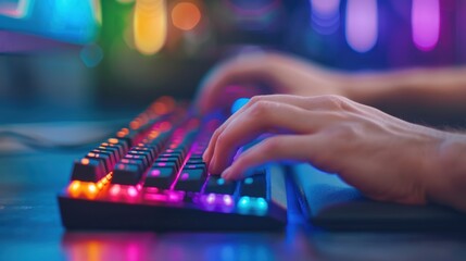 Hands typing on rgb mechanical keyboard with colorful backlighting for gaming setup