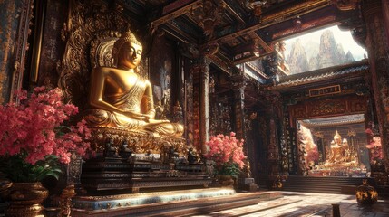 Fototapeta premium A golden Buddha statue in a beautifully decorated temple, with ornate carvings and a rich, spiritual atmosphere