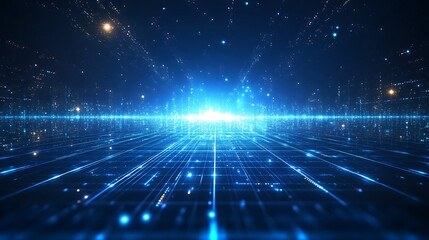 Obraz premium Futuristic digital landscape with glowing blue lights and grid lines, representing technology, network, and cyberspace concepts.