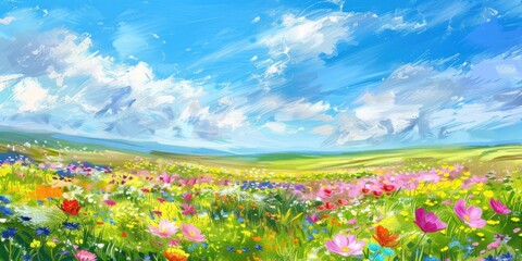 A Vibrant Field of Flowers Under a Blue Sky with White Clouds