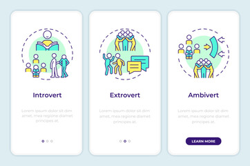 Human personality types onboarding mobile app screen. Walkthrough 3 steps editable graphic instructions with linear concepts. UI, UX, GUI template. Montserrat SemiBold, Regular fonts used