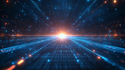Obraz premium Futuristic digital landscape with glowing blue lines and a radiant central light, representing technology and innovation.