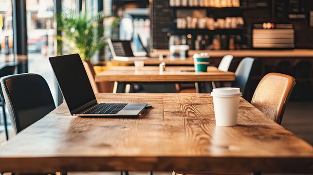 A modern coffee communal table with sleek chairs, laptops, and coffee cups, creating a trendy, collaborative workspace vibe.