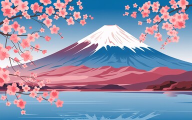 Classic Japanese Woodblock of Mount Fuji with Cherry Blossoms