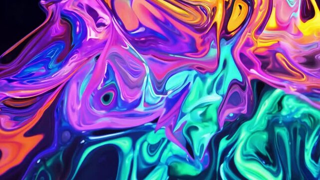 Light sensitive liquid color and light beams combine in wavy flowing patterns.