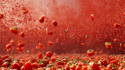 A dynamic scene of tomatoes flying through the air, creating a cascade of red splashes against a vibrant backdrop. The ground is littered with crushed tomatoes, adding texture to the scene. The upper