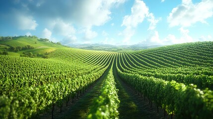 Fototapeta premium Picturesque Vineyard Hills Rows of Grapevines and Rolling Green Terrain Create a Scenic Landscape