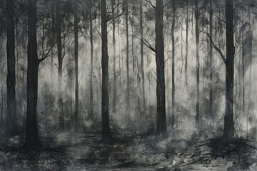 Obraz premium A Dark and Foggy Forest Scene with Tall Trees