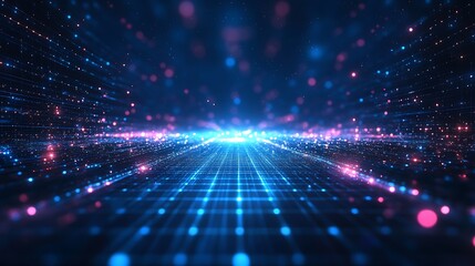 Futuristic digital landscape with glowing lights and grid lines, depicting a virtual technology space in blue and pink hues.